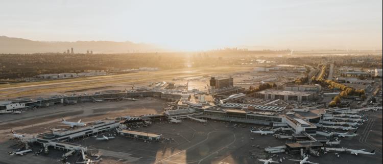 Aerial view of Vancouver international airport at sunset