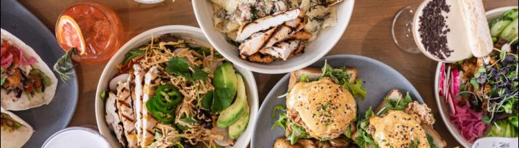 food spread of items at yvr airport restaurant