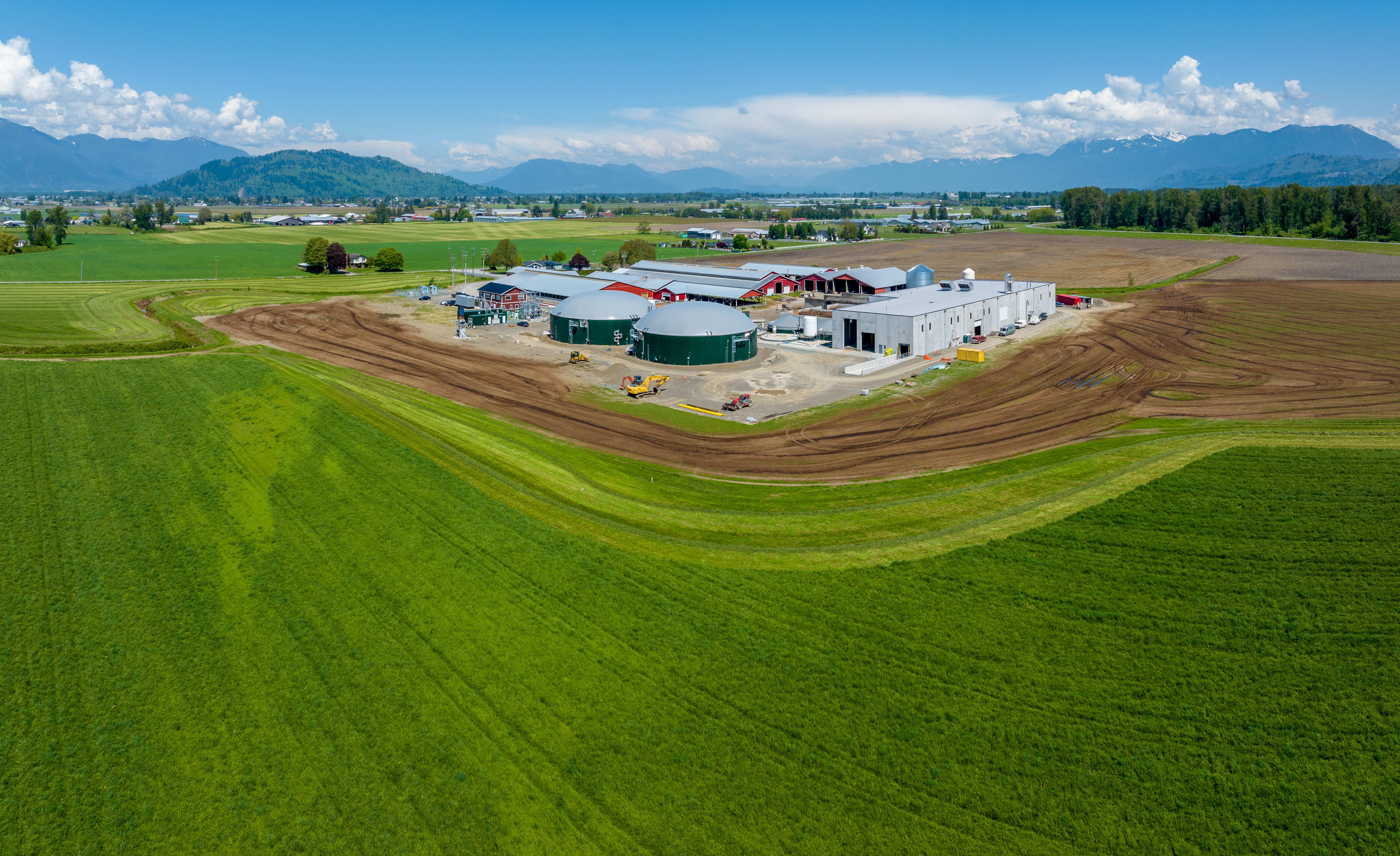a green farming field with buildings